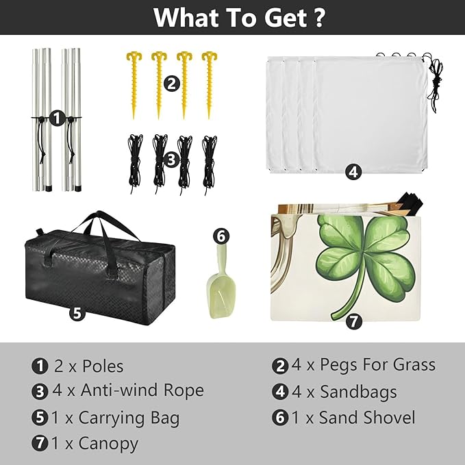 xigua St. Patrick's Day Beach Tent Sun Shelter with Carrying Bag - Silver Coated Oxford Fabric Beach Canopy for Beach Camping Fishing - Includes Windproof Ropes Sandbags &amp Stakes
