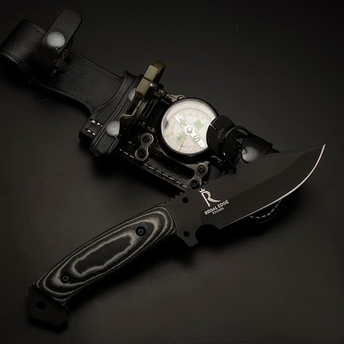 Fixed Blade Knife 10” Hunting Knife With Built-in Military Compass And Leather Sheath - G10 Handle Survival knives for Camping Hiking and Outdoor Use