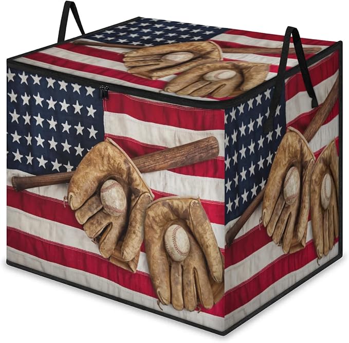 Large American Flag Storage Bags with Lid XL Blanket Clothes Storage Bins Foldable Organizers Storage Containers with Handle for Comforters Bed Sheets Pillows 4th of July Baseball