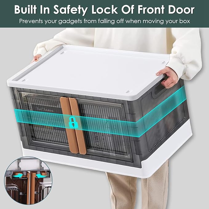 NewHome 2Pcs 32L Foldable Storage Bins with Lid Collapsible Stackable Closet Organizer Containers with Front Door Lock 4Pcs Wheels (30 CM White)