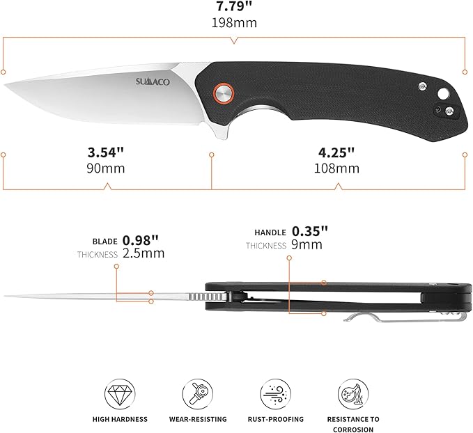 Pocket KnifeFolding EDC Tactical KnifeCamping Survival Knife 3.54'' D2 Blade Steel and G10 Handle Liner Lock Reversible Clip Everyday Carry for Men Knife Outdoor Survival