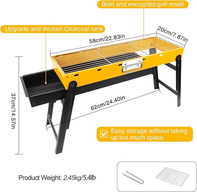 Portable Charcoal Grill Portable Tabletop BBQ for Outdoor Cooking | Compact Folding Grill for Camping Hiking Picnics &amp Travel | 24”x13”x9” Lightweight Smoky Flavor Grill