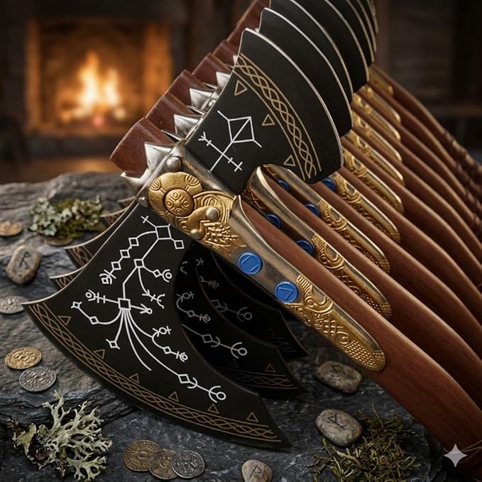VK War Axe Viking Battle Axe Replica Ax - Handmade Forged Stainless Steel Axe Prop Tool with Viking Axe Hatchet Solid Wood Handle Skarde Seax Men's Gift
