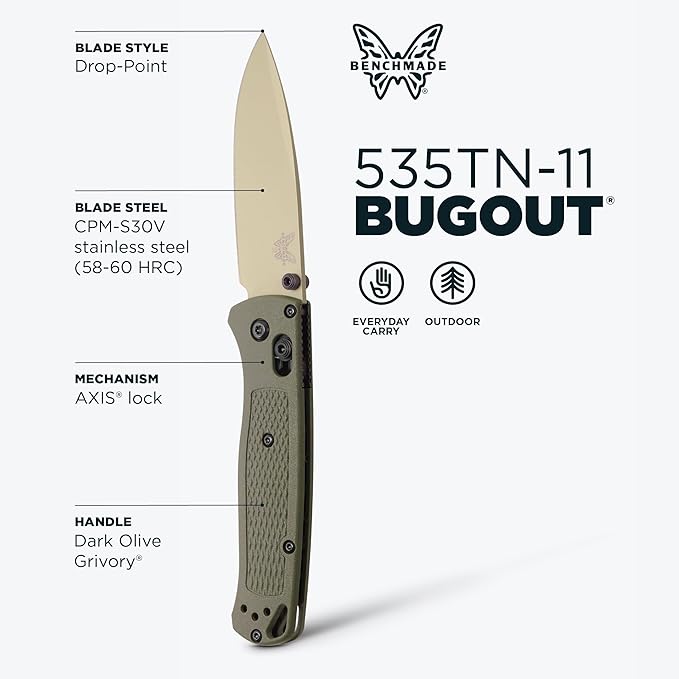 Benchmade - Bugout Outdoor EDC Folding Knife Slim Lightweight Plain Edge Drop-Point Blade CPM-S30V Stainless Steel (58-60HRC) Grivory Handle (535TN-11)