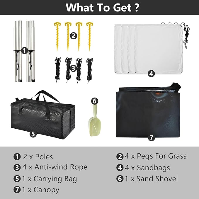 Devil Eyes Black Beach Tent Sun Shelter Set UPF50+ UV Protection 10.5 x 9.19 FT Camping Shade Canopy with Sandbags Sand Anchors Carrying Bag and Others
