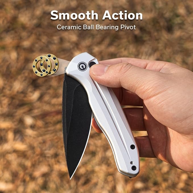 CIVIVI Kitefin EDC Pocket Knife 3.22“ 14C28N Drop Point Blade Folding Knife Aluminum Handle with Reversible Clip for Camping Hiking Hunting C24091-2 Silver