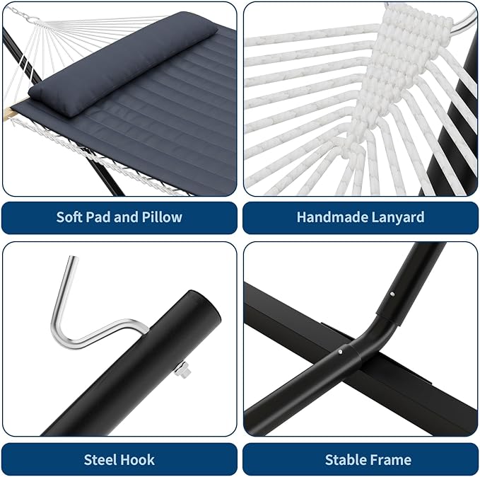 Double Hammock with Stand450lbs Capacity 2 Person Cotton Rope Portable Hammock with Polyester Quilted Pad and Pillowfor Garden YardCamping and Patio.Dark Dray.