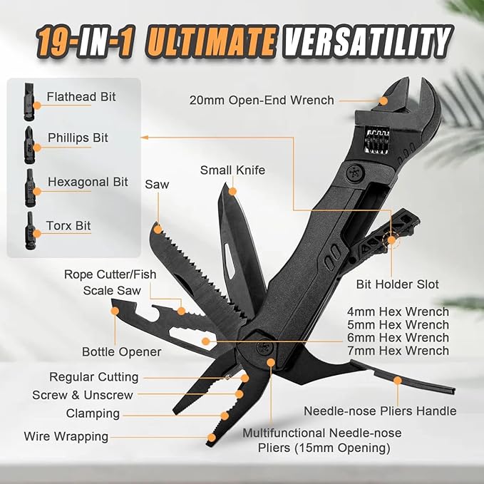 Hanboost Multi-Functional Wrench Set 12-in-1 &amp 19-in-1 EDC Pocket Tool for Outdoor Camping Cycling DIY Repairs – Compact Stainless Steel Multifunction Wrench (19-in-1)