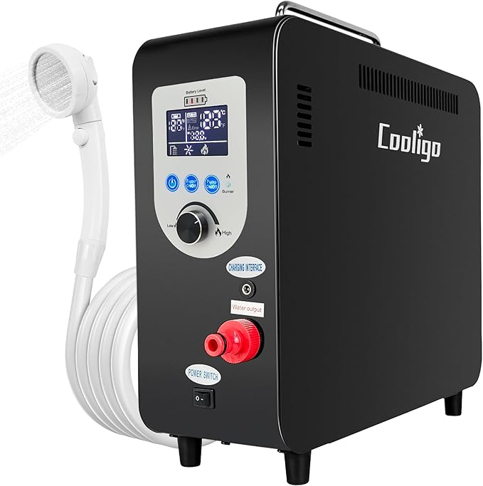 Portable Propane Water Heater for Camping Shower 40900 BTU 4500mAh Rechargeable Battery Tankless Water shower for Outdoor Shower with Pump Table Top Camp Water Heater for Camping and Vacationing