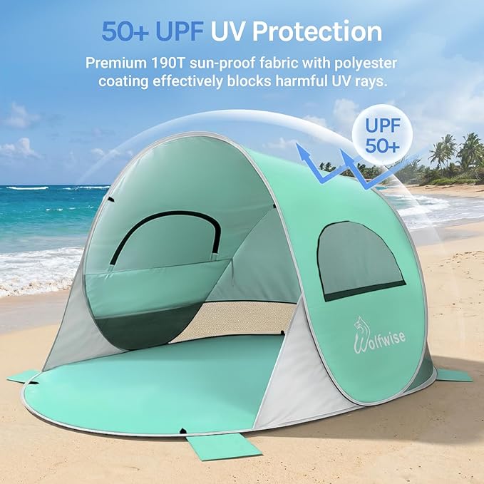 Wolfwise Pop up Beach Tent Sun Shelter with UPF50+ UV Protection Instant Easy Setup Popup Beach Shade Canopy for 2 Person Portable &amp Foldable with Carring Bag 79 ×49×38 in Mint Green