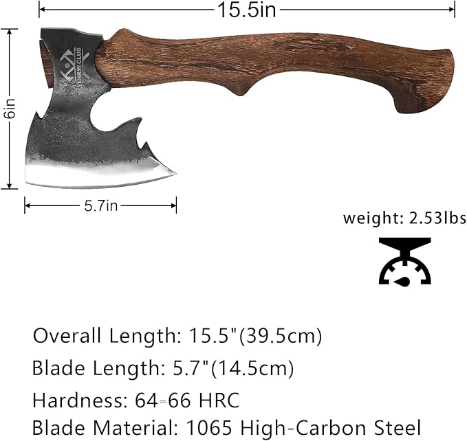 15.5 Hand Forged Hatchet Camping Hatchet with 1065 Carbon Steel &amp Wooden Handle Bushcraft Axe with Leather Sheath and Axe Sharpener Survival Ax for Outdoor Adventures and Gardening