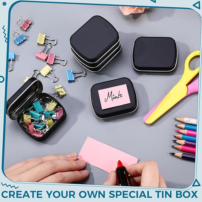 100 Pcs Metal Hinged Tin Box Rectangular Small Tin Container with Lid Mini Portable Tinplate Storage Box for Drawing Pin Candies Jewelry Crafts Button Pill 2.4 x 1.8 x 0.6 Inch (Black)