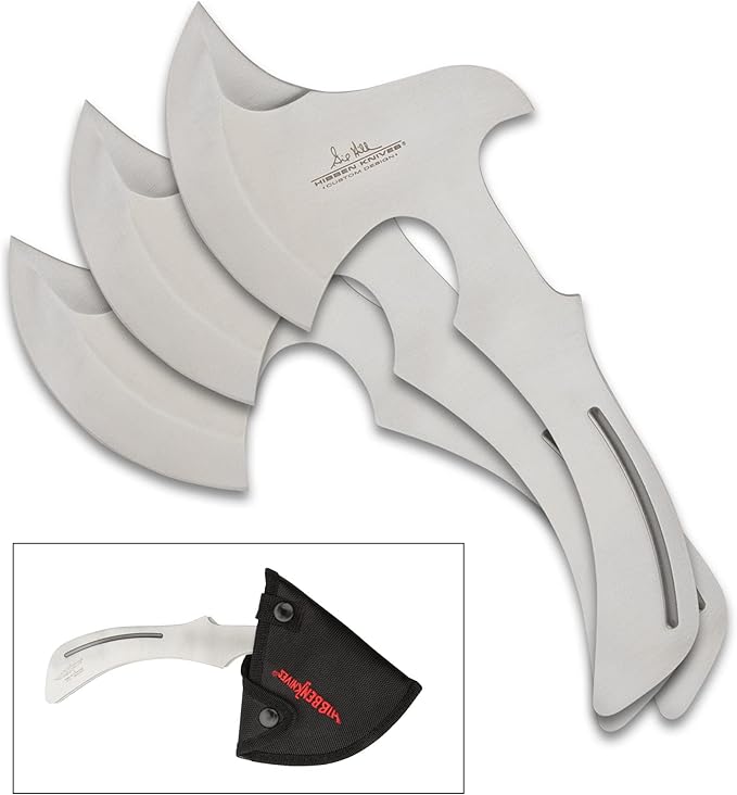 Hibben Throwing Axe and Knife Set | One-Piece 3Cr13 Stainless Steel Construction | Tough Nylon Belt Sheath | Includes Six Throwers | Curved-Grip Design | Accurate Throwers to Hone Your Skills