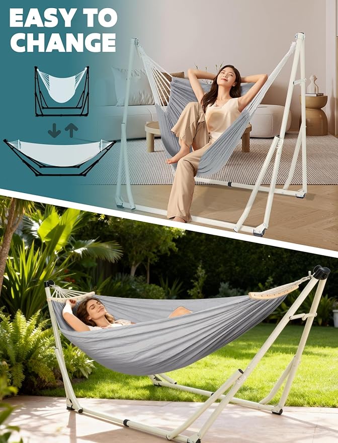Anyoo 2 in 1 Hammock and Swinging Chair with Collapsible Steel Stand &amp Carrying CasePortable &amp AdjustableEasy Set Up for OutdoorIndoorPorch SwingPatioGardenCamping Trip