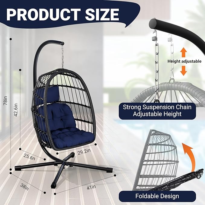 LEVELEVE Egg Chair with StandPatio Rattan Wicker Hanging Swing Egg Chair Hammock Chair for Porch GardenThickened Aluminum Alloy Steel Frame and UV Resistant Cushion350LBS Capacity(Dark Blue)