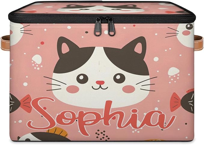 Custom Storage Basket with Name Personalized Storage Bins with Zipper Lid Foldable Fabric Storage Box Large capacity with Handle Cat Pink