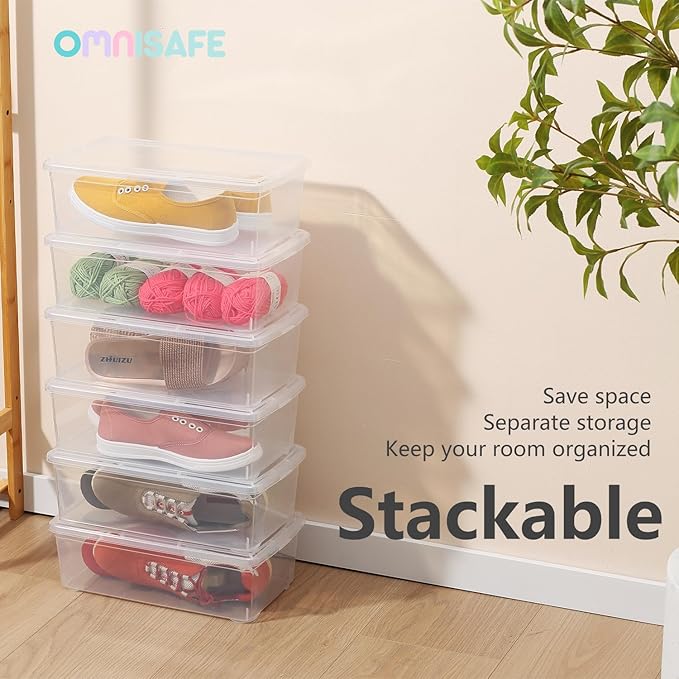 Stackable Plastic Storage Shoebox BPA-Free Nestable Container with Latching Lid to Organize Shoes See-Through Box for Home and Office Multi-Purpose Clear Bins (12 Pack 6 Quart)