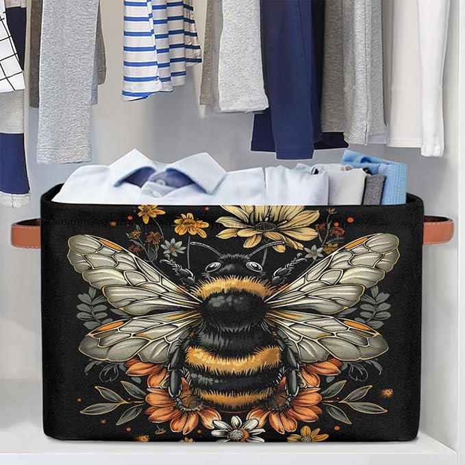 Pardick Basket Storage Bins Animal Bee Black Rectangle Cube Basket Box Kids Girls Boys Toys Organizer Beaket Decor Foldable with Handle for Living Room Bedroom Closet Nursery Office Shelf Gifts