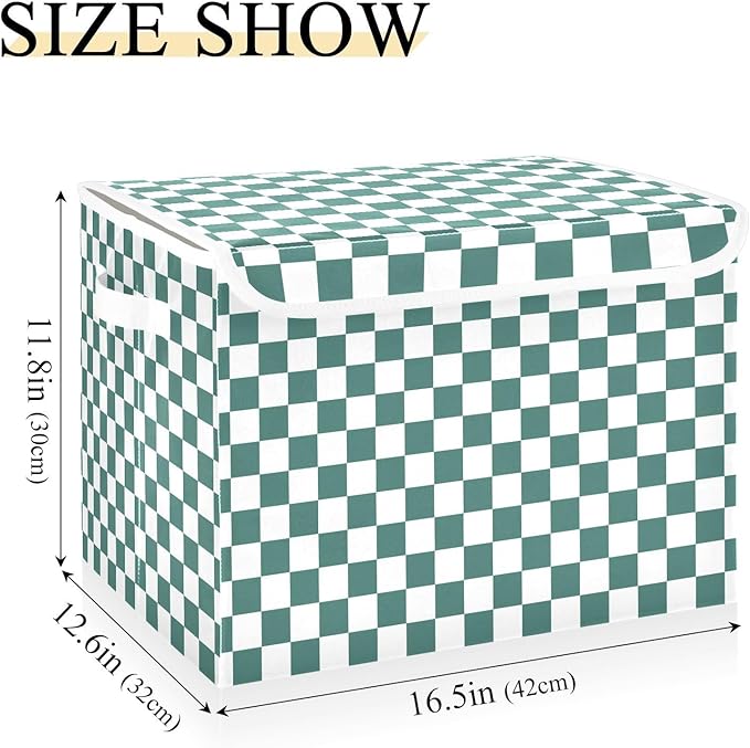 Teal Green White Checkered Storage Bins with Lids Foldable Storage Boxes Cube Closet Storage Baskets Container Organizers for Home Bedroom Office