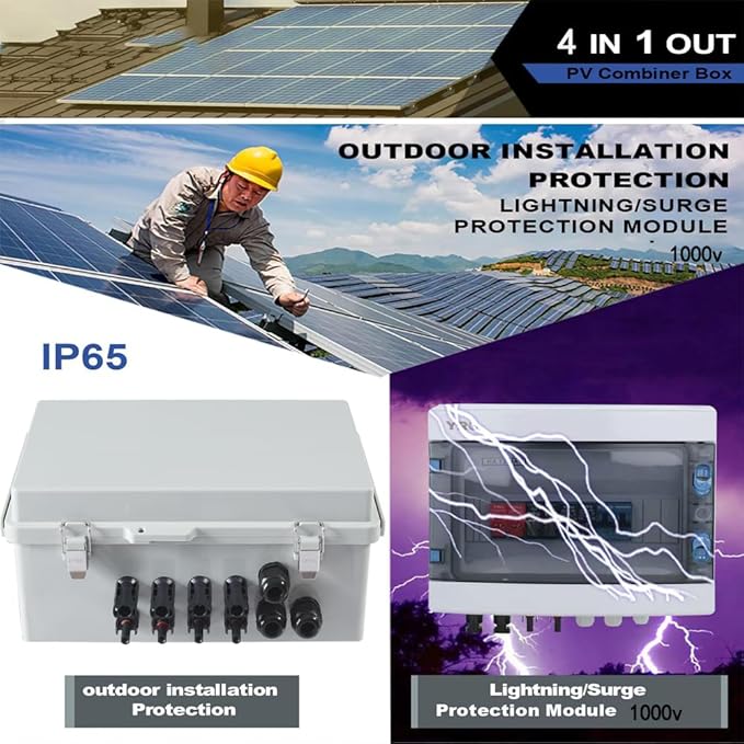 4 String PV Combiner Box with 15A Fuses Surge Protector &amp 63A Breaker IP65 Waterproof for On/Off Grid Solar System Home RV Marine