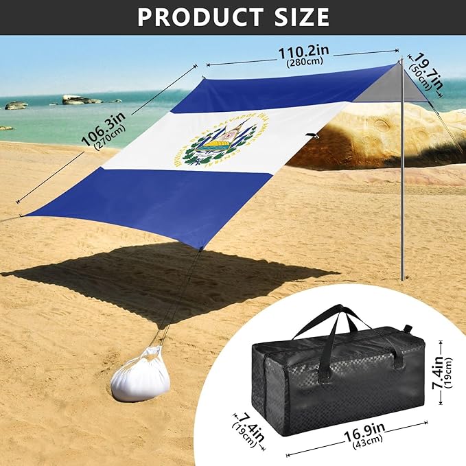 El Salvador Flag Beach Cabana UPF50+ Protection Water-Resistant Shade Sun Shelter with Sturdy Poles Sandbags and Shovel for Family Trips Picnics &amp Camping