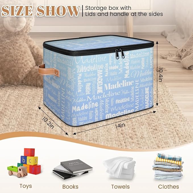 Custom Storage Basket with Name Personalized Keepsake Box with Zipper Lid Foldable Fabric Memory Bin Large capacity with Handle White Blue