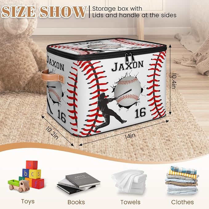 Custom Baseball Ball Storage Bins with Lid Foldable Personalized Storage Basket Boxes with Handle Baseball Shelf Basket Closet Organizer Cube