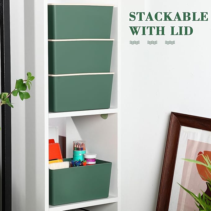 Menkxi 4 Pcs Storage Bins with Lids Plastic Stackable Containers for Organizing Shelves Christmas Ornament Box Baskets(GreenSmall)
