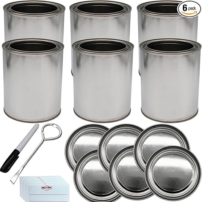 Empty Paint Cans with Lids – Quart/32 oz Unlined Containers for Paint Solvents Crafts &amp DIY Can opener Marker and Labels included 6 Pack