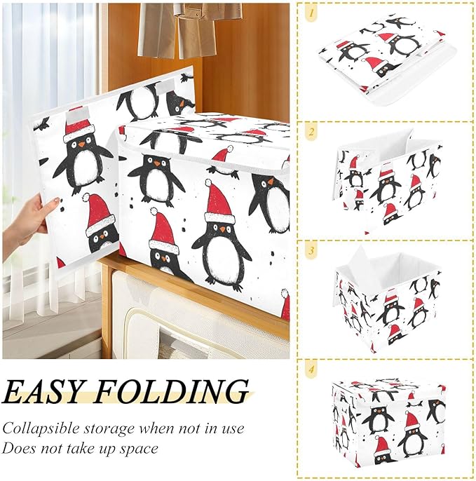 Collapsible Storage Bins with Lids Decorative Fabric Storage Cubes Closet Organizer and Storage Basket Boxes Containers for Clothes Box Chest Nursery Folding Rectangle White Penguin Christmas