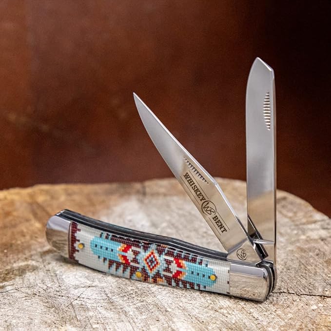 WHISKEY BENT HAT CO. Traditional Trapper Folding Pocket Knife 4.125 Closed Length 440C Stainless Steel Blades (Turquoise Bead)