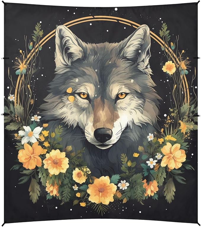 ALAZA Wolf Wreath of Yellow Flowers Beach Tent Sun Shelter Portable Canopy Sunshade for Outdoor Camping Picnics Backyard Fun 10x9 ft