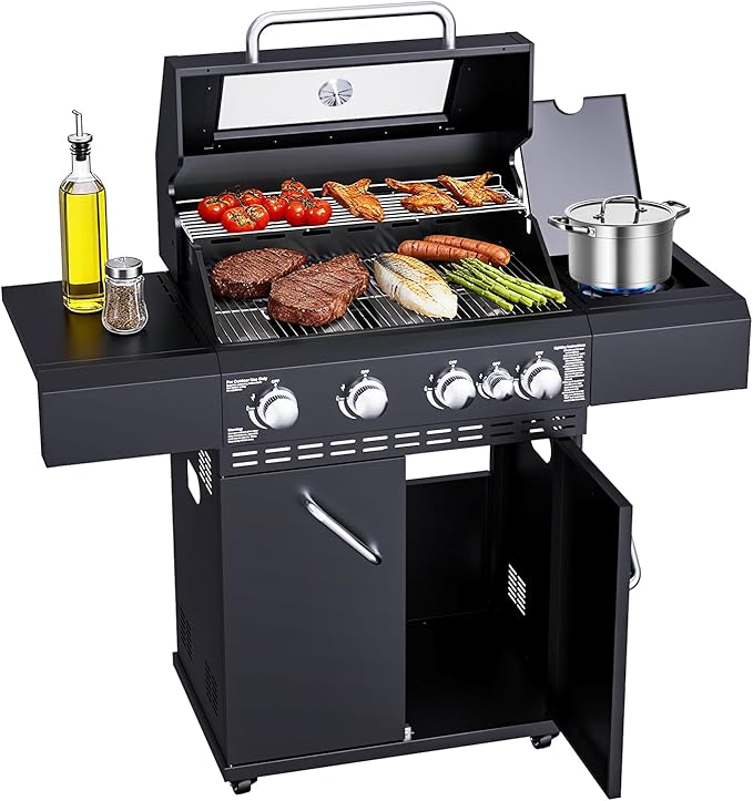 4 Burners Propane Gas Grill with Visual Glass 50000 BTU Propane Grill with Side Burner Double-Layer Lid Stainless Steel GrateOutdoor Cook BBQ Grill for Patio Camping Backyard