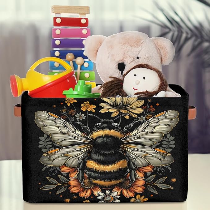 Pardick Basket Storage Bins Animal Bee Black Rectangle Cube Basket Box Kids Girls Boys Toys Organizer Beaket Decor Foldable with Handle for Living Room Bedroom Closet Nursery Office Shelf Gifts
