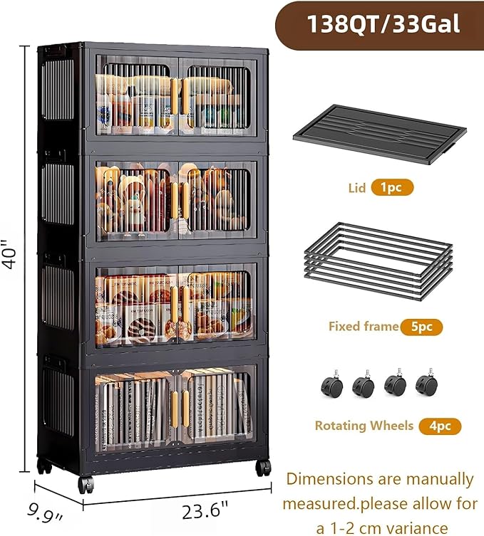 4-Tier Stackable Storage Bins with LidFoldable Plastic Drawer Storage with WheelsCloset Organizers and Storage for Living Room Office Dorm