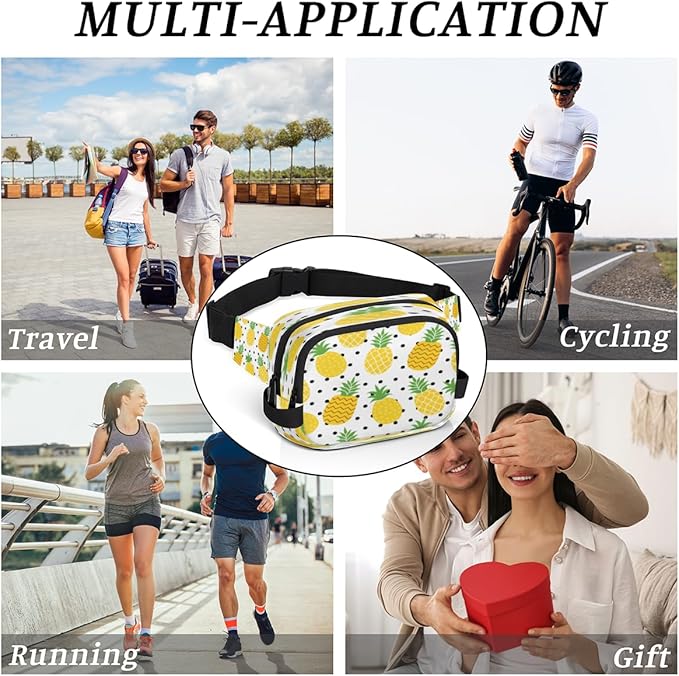 Watercolor Pineapple Polka Dots Waterproof Fanny Pack for Women Men Adjustable Waist Bag with Double Zipper Pockets Lightweight Square Hip Pack for Running Travel Hiking Workout Cycling