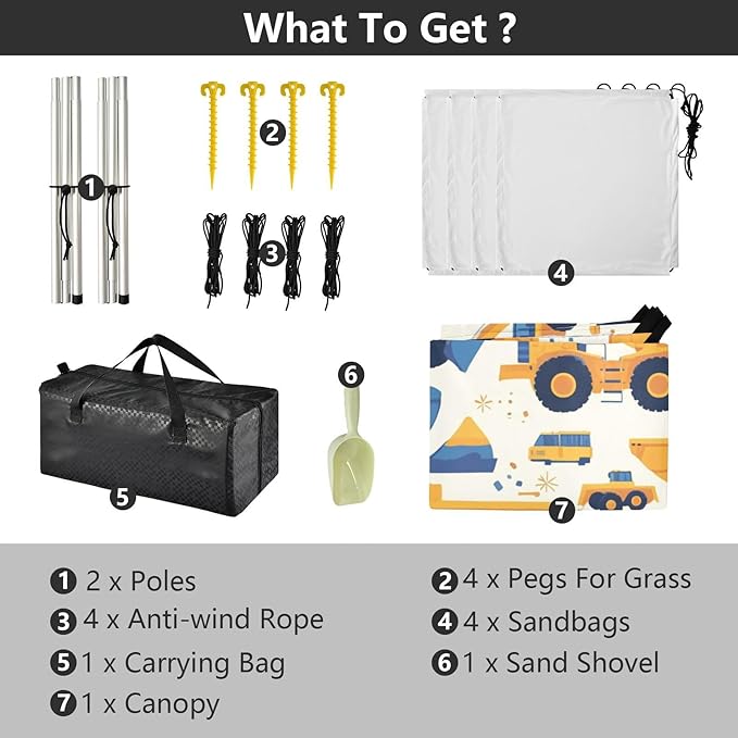 Construction Vehicles Dump Truck Grader Foldable Beach Cabana UPF50+ Waterproof Portable Sun Shelter Includes Sand Shovel Sandbags Stability Poles for Camping Picnics Backyard &amp Fishing