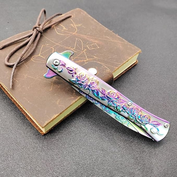Folding Knives with 3D relief rose pattern 3.6 8Cr14Mov Steel Blade 8Cr14MovHandle Liner Lock Knife with Clip for Outdoor Camping Fishing Hunting (A1)