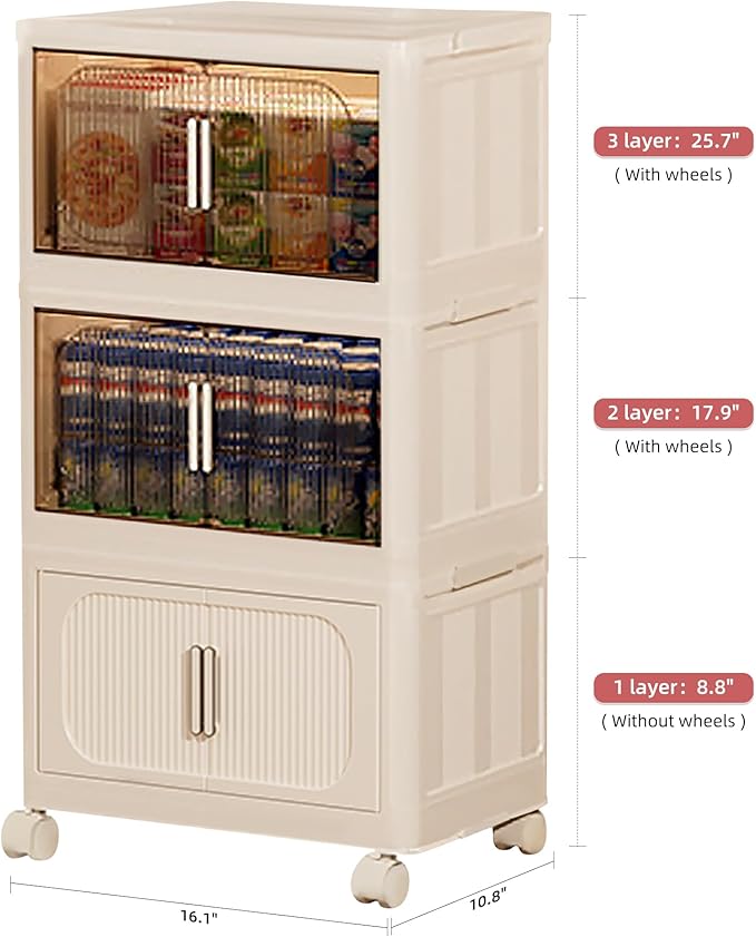 3-Tier Stackable Storage Bins with Lids Foldable Plastic Organizer with Wheels for Closet Bedroom (Reinforce Stripe - 2 Clear &amp 1 Yellow 3 Tier - 16.1 D x 10.8 W x 25.7 H)