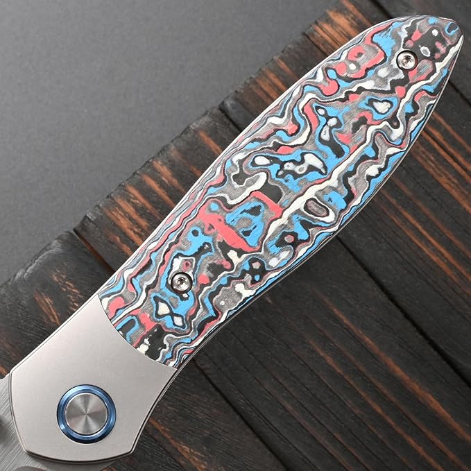 Sitivien ST273 Folding Knife S90V Steel Blade Titanium &amp Carbon Fiber Handle Knife with Pocket Clip for Outdoor Camping Hiking Survival Hunting (Blue+Red)
