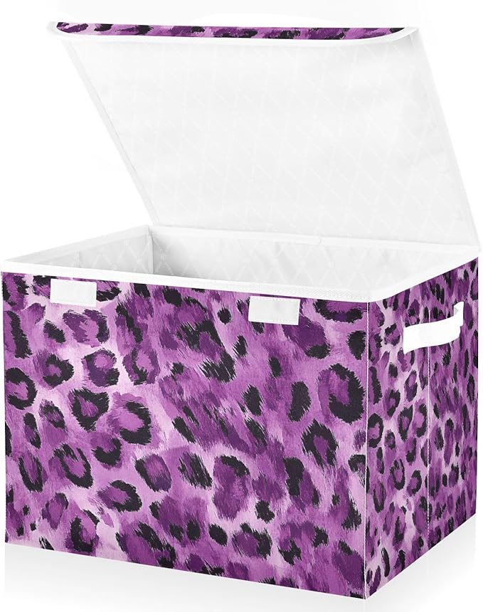 Collapsible Storage Bins with Lids Decorative Fabric Storage Cubes Closet Organizer and Storage Basket Boxes Containers for Clothes Box Chest Nursery Folding Rectangle Purple Leopard Print