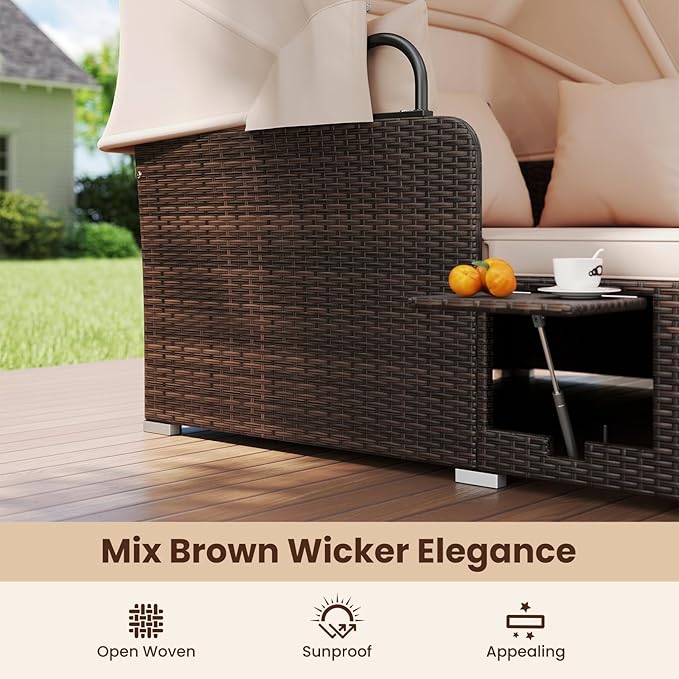 Tangkula Patio Rattan Daybed with Retractable Canopy Outdoor Wicker Sunbed with 2 Foldable Side Tables Thick Seat &amp Back Cushions Outside Double Daybed for Garden Backyard Porch Beige &amp