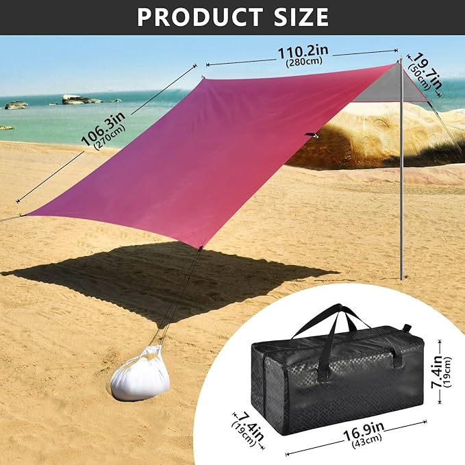 Purple Red Gradient Beach Cabana Tent UPF50+ Protection Waterproof Sun Shelter with Sandbags &amp Sand Shovel for Camping Picnics Backyard &amp Fishing