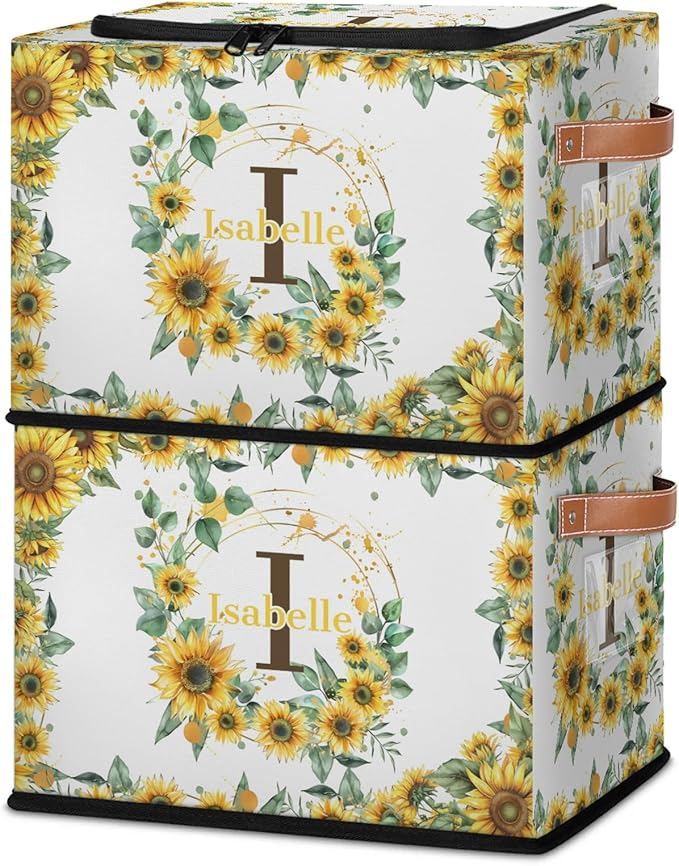 Personalized Sunflower Initials Storage Bins with Zipper Lid Custom Fabric Storage Boxes Foldable Closet Organizers Cubes for Clothes Shelves Home Decorative 2PCS Summer Flower