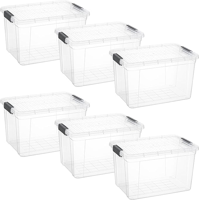 Superio Clear Storage Boxes with Lids 26 Quart Plastic Container Bins for Organizing Stackable Crates BPA Free Non Toxic Odor Free Organizers for Home Office and Dorm 6 Pack