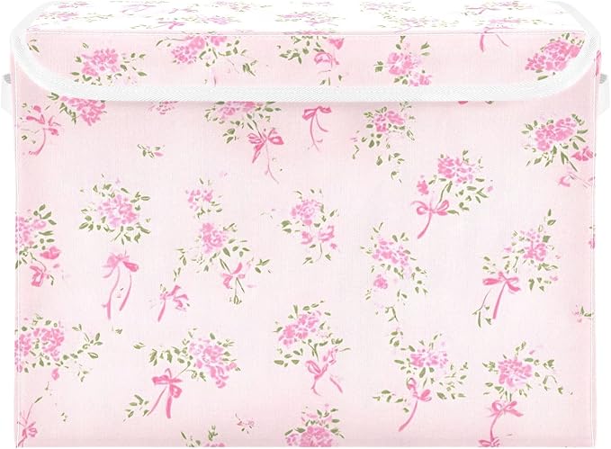 ALAZA Pink Small Floral Storage Bins Organizer Box Baskets Lidded Clothes for Shelves Closet Collapsible Stackable Storage Cubes Handles