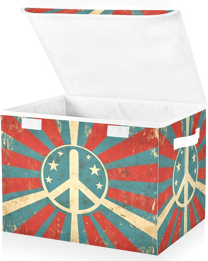 Storage Cube with Lid Retro Peace Sign Print 16.5×12.6×11.8 IN 1 Pack Collapsible Large Capacity Foldable Storage Basket Bin Organizer