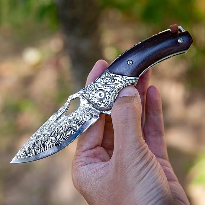 Handmade Damascus Steel Flipper Folding Knife with Pocket Clip Liner Lock Tactical Knife for Camping Hunting Fishing and EDC