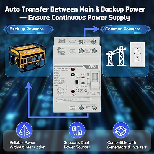 Mini ATS Automatic Transfer Switch 2P 63A 110V Dual Power Automatic/Manual Transfer Switch for Generator and Home Power Backup Fast Switching DIN Rail Mounted Changeover Switch AC 50/60Hz