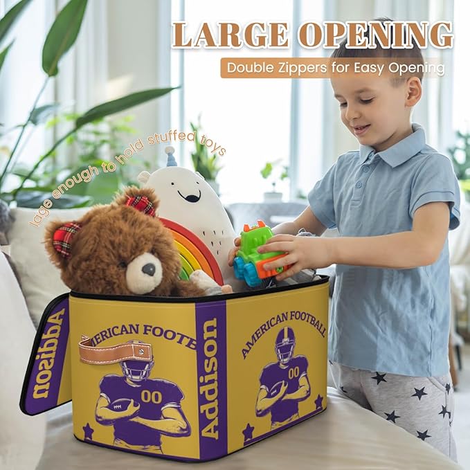 Custom Storage Bins with Zipper Lid American Football Personalized Foldable Storage Baskets Sport Closet Shelf Clothes Organizer Cube with PU Leather Handles